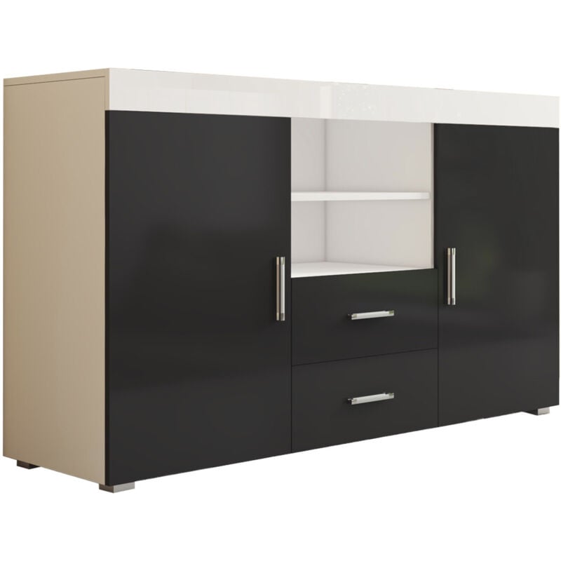 Buffet de salon bas 2 portes 2 tiroirs 140x80x40cm Meuble de rangement Modèle roque Couleur Blanc et Noir Finition Brillante