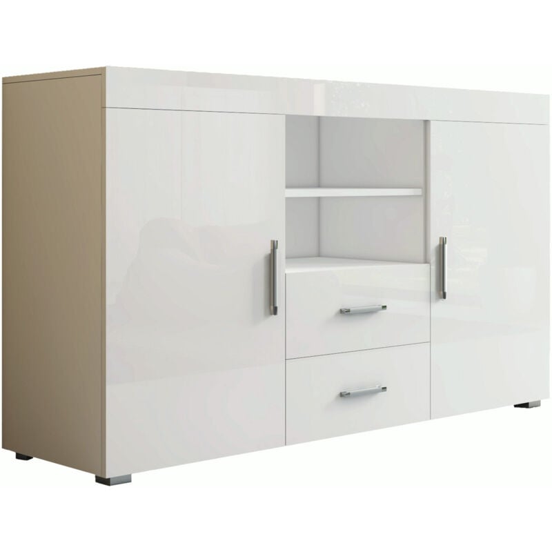 Buffet de salon bas 2 portes 2 tiroirs 140x80x40cm Meuble de rangement Modèle roque Couleur Blanc Finition Brillante
