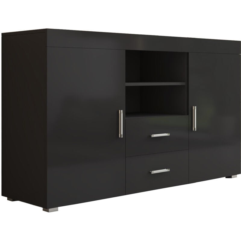 Buffet de salon bas 2 portes 2 tiroirs 140x80x40cm Meuble de rangement Modèle roque Couleur Noir Finition Brillante