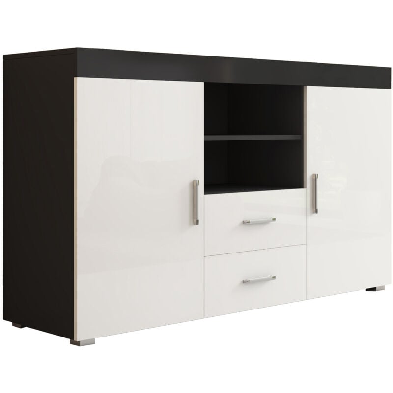 Buffet de salon bas 2 portes 2 tiroirs 140x80x40cm Meuble de rangement Modèle roque Couleur Noir et Blanc Finition Brillante