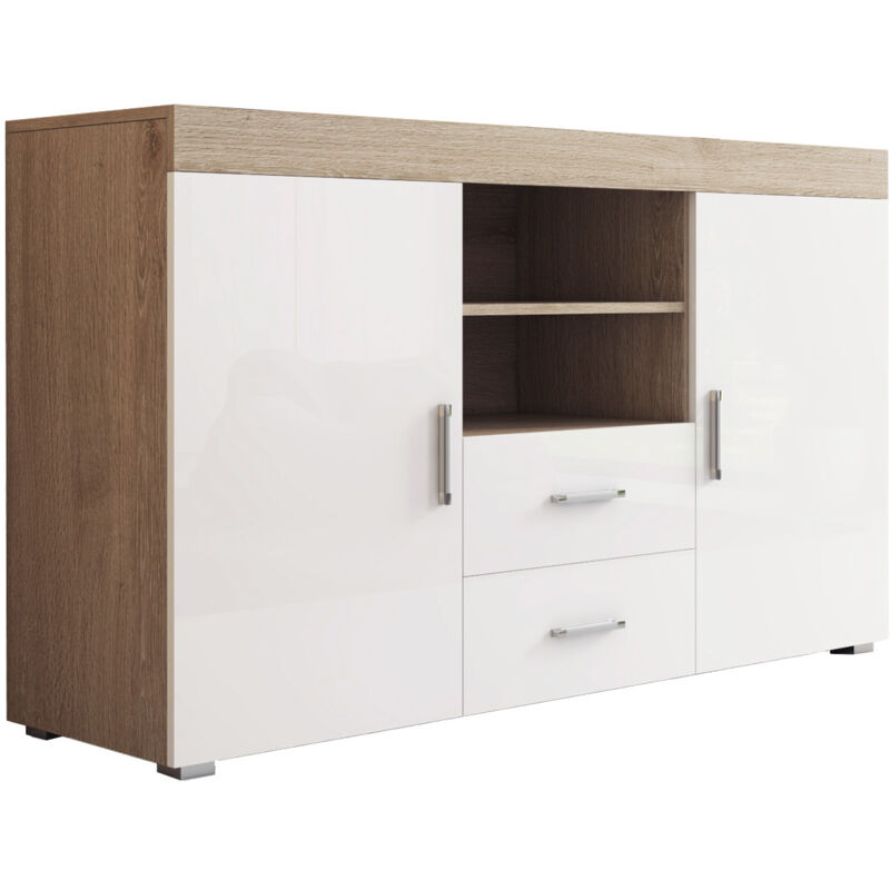 Buffet de salon bas 2 portes 2 tiroirs 140x80x40cm Meuble de rangement Modèle roque Couleur Sonoma Mat et Blanc Finition Brillante Buffet de salon bas 2 portes 2 tiroirs 140x80x40cm Meuble de rangement Modèle roque Couleur Sonoma Mat et Blanc Finition Brillante
