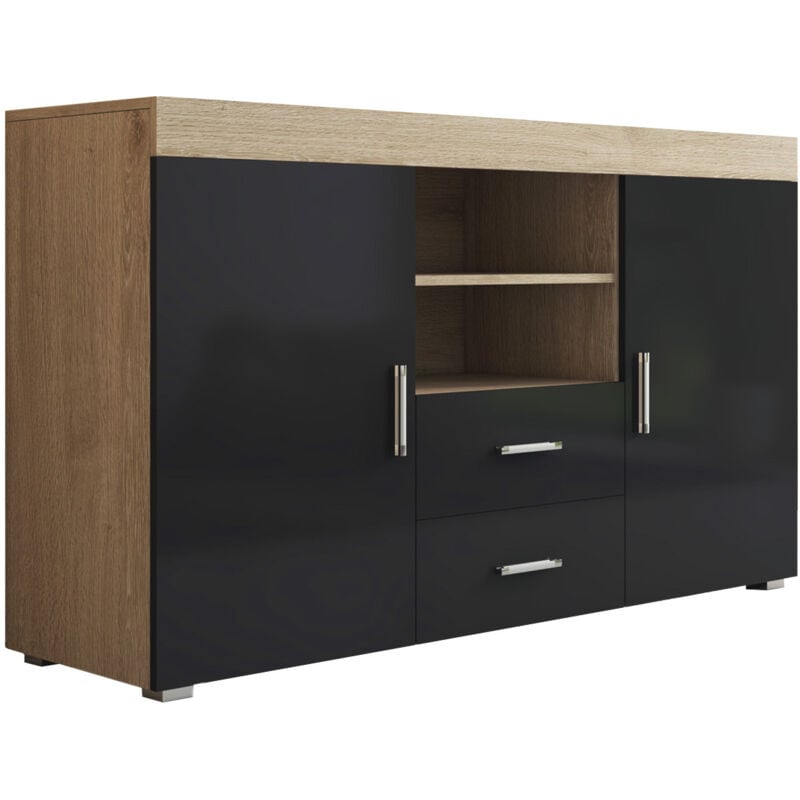 Buffet de salon bas 2 portes 2 tiroirs 140x80x40cm Meuble de rangement Modèle roque Couleur Sonoma Mat et Noir Finition Brillante