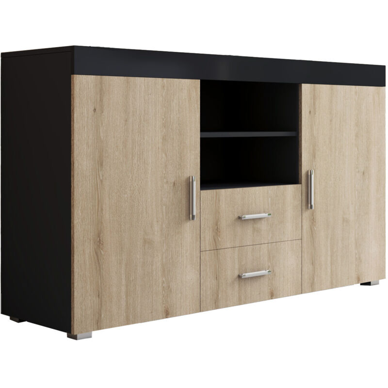 Buffet de salon bas 2 portes 2 tiroirs 140x80x40cm Meuble de rangement Modèle roque Couleur Noir Brillant et Sonoma Finition Mat