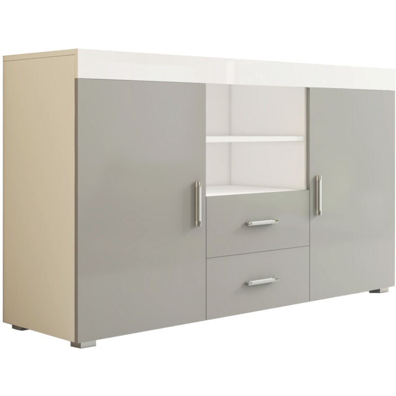 Buffet de salon bas 2 portes 2 tiroirs 140x80x40cm Meuble de rangement Modèle roque Couleur Blanc et Gris Finition Brillante