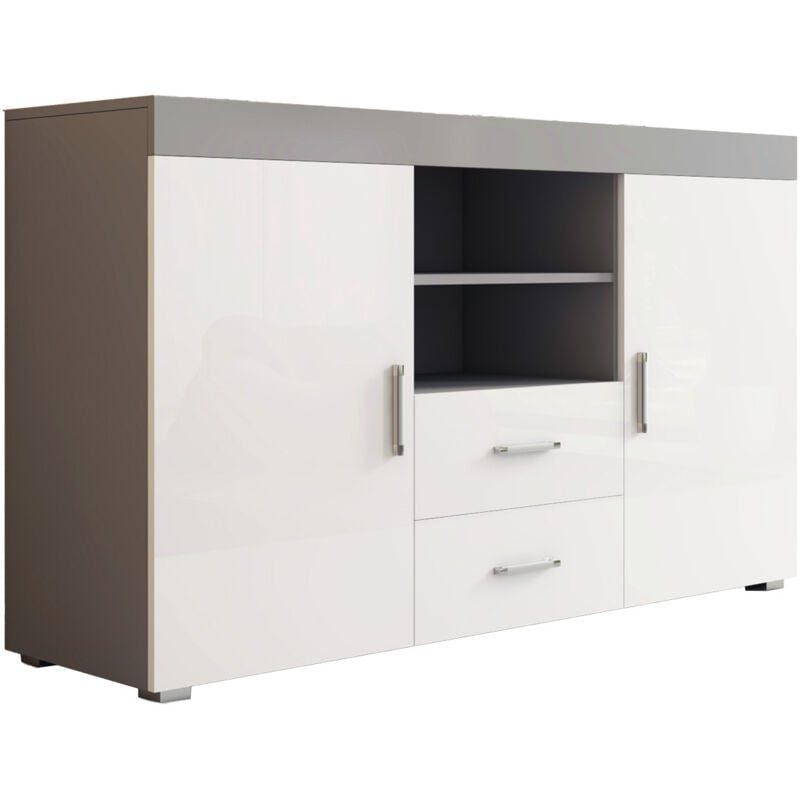 Buffet de salon bas 2 portes 2 tiroirs 140x80x40cm Meuble de rangement Modèle roque Couleur Gris et Blanc Finition Brillante