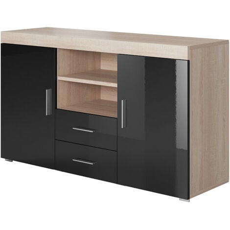 Buffet de salon bas 2 portes 2 tiroirs  140x80x40cm  Meuble de rangement  Modèle ROQUE  Couleur Sonoma Mat et Noir Finition Brillante