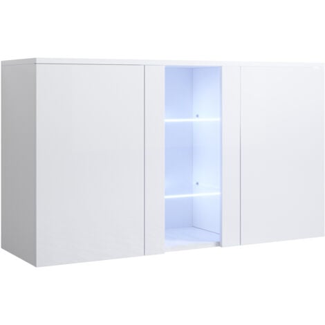 LETTIEMOBILI Buffet de salon bas 3 portes 2 étagères vitrine avec LED 120x70x40cm Meuble suspendu Modèle LUKE A1 Couleur Blanc Finition Brillante