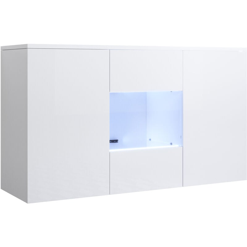 Buffet de salon bas 3 portes 2 étagères vitrine avec led 120x70x40cm Meuble suspendu Modèle Luke A2 Couleur Blanc Finition Brillante