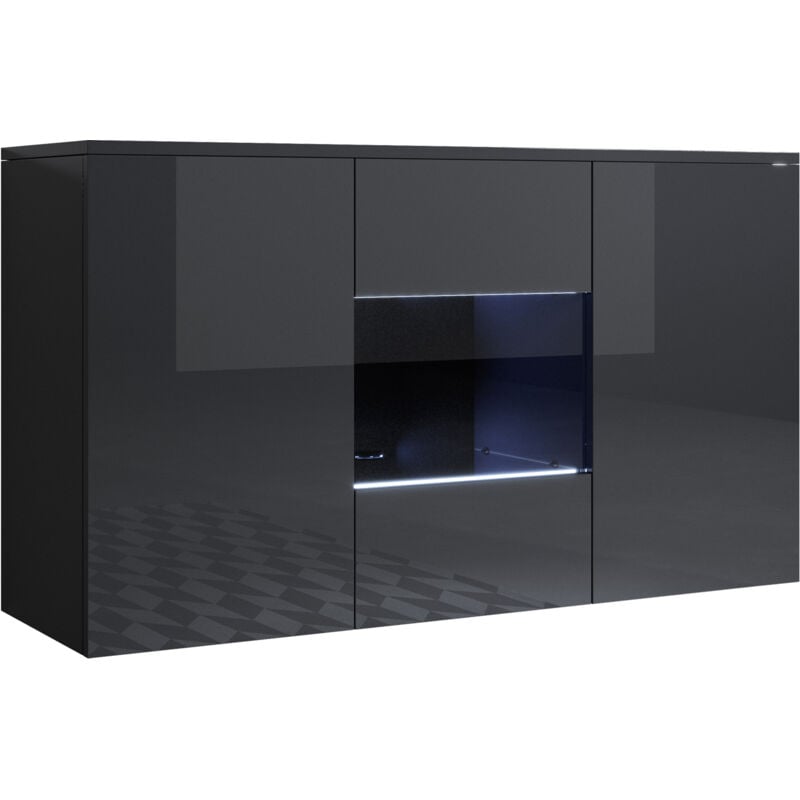 Buffet de salon bas 3 portes 2 étagères vitrine avec LED 120x70x40cm Meuble suspendu Modèle Luke A2 Couleur Noir Finition Brillante