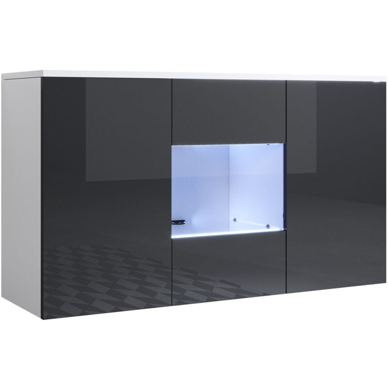Buffet de salon bas 3 portes 2 étagères vitrine avec led 120x70x40cm Meuble suspendu Modèle Luke A2 Couleur Blanc et Noir Finition Brillante