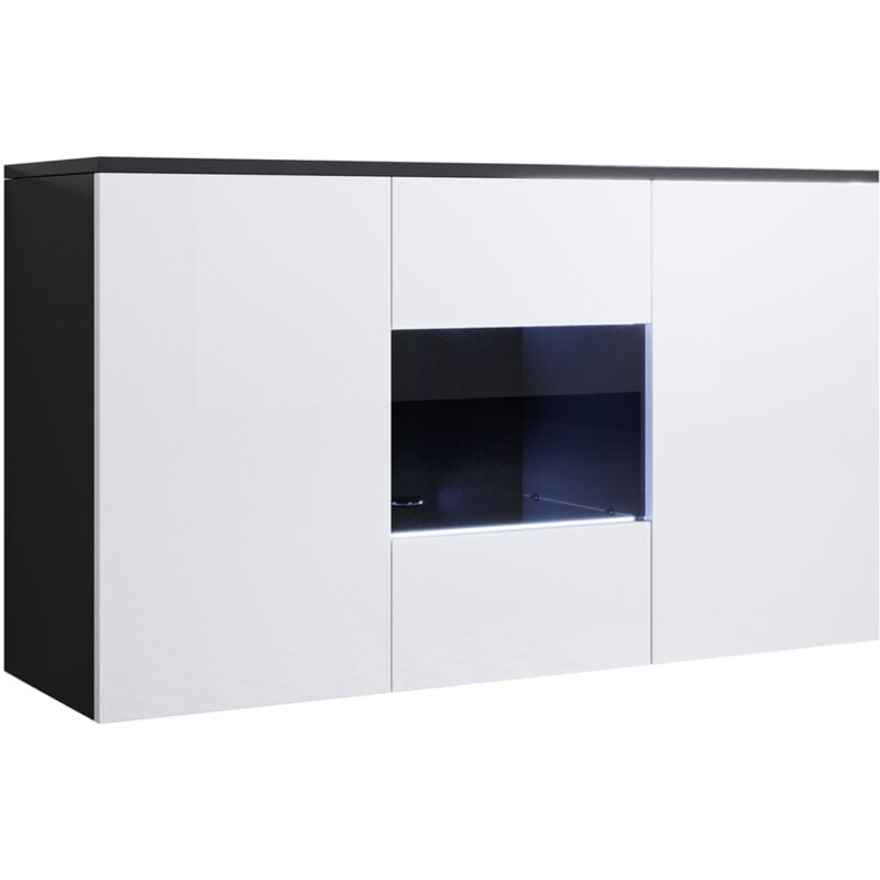 Buffet de salon bas 3 portes 2 étagères vitrine avec led 120x70x40cm Meuble suspendu Modèle Luke A2 Couleur Noir et Blanc Finition Brillante