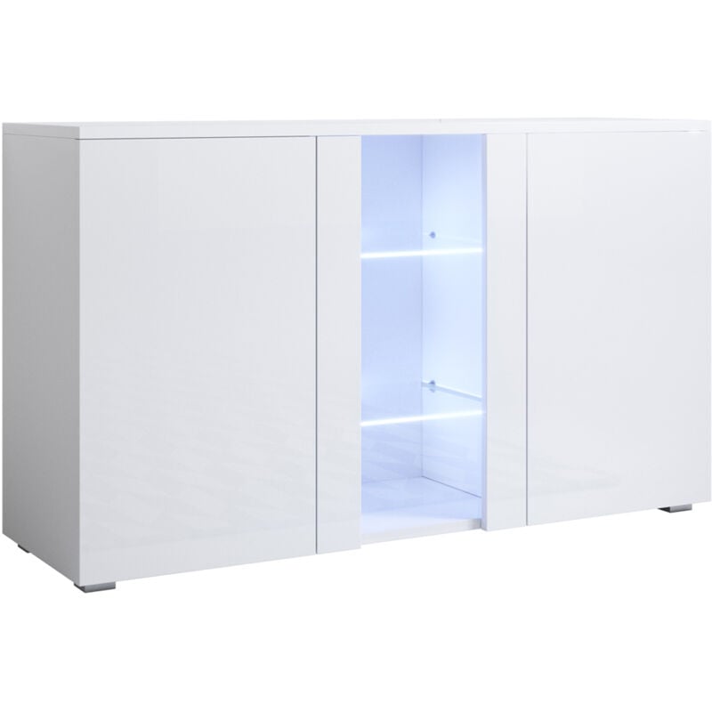 Lettiemobili - Buffet de salon bas 3 portes 2 étagères vitrine avec led 120x72x40cm Meuble avec pieds 2cm Modèle luke A1 Couleur Blanc Finition