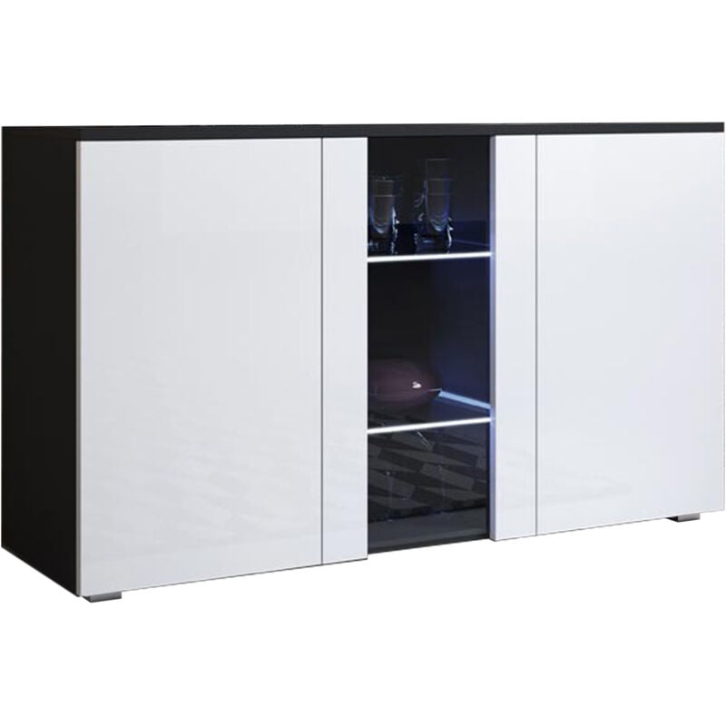 Buffet de salon bas 3 portes 2 étagères vitrine avec led 120x72x40cm Meuble avec pieds 2cm Modèle luke A1 Couleur Noir et Blanc Finition Brillante