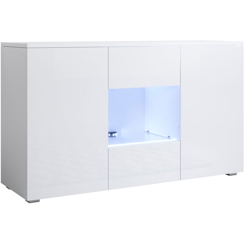 Buffet de salon bas 3 portes 2 étagères vitrine avec led 120x72x40cm Meuble avec pieds 2cm Modèle Luke A2 Couleur Blanc Finition Brillante