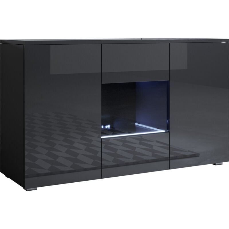 Buffet de salon bas 3 portes 2 étagères vitrine avec LED 120x72x40cm Meuble avec pieds 2cm Modèle Luke A2 Couleur Noir Finition Brillante