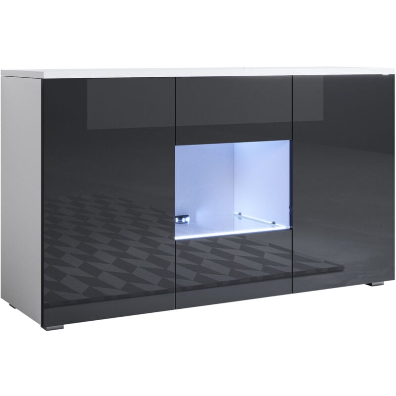 Buffet de salon bas 3 portes 2 étagères vitrine avec led 120x72x40cm Meuble avec pieds 2cm Modèle Luke A2 Couleur Blanc et Noir Finition Brillante