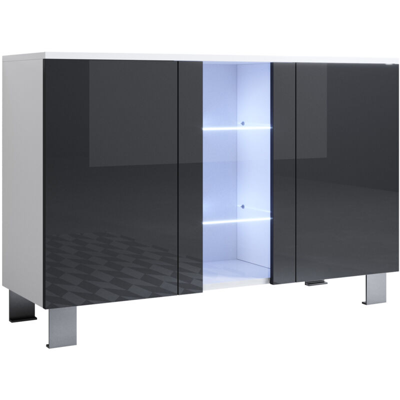 Buffet de salon bas 3 portes 2 étagères vitrine avec led 120x82x40cm Pieds en aluminium 12cm Modèle luke A1 Couleur Blanc et Noir Finition Brillante