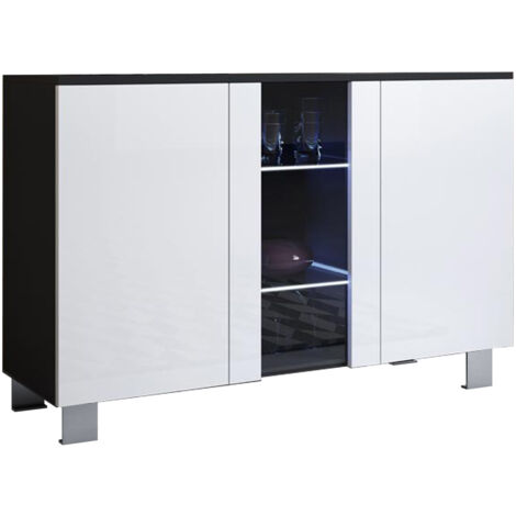 Buffet de salon bas 3 portes 2 étagères vitrine avec LED  120x82x40cm  Pieds en aluminium 12cm  Modèle LUKE A1  Couleur Noir et Blanc Finition Brillante