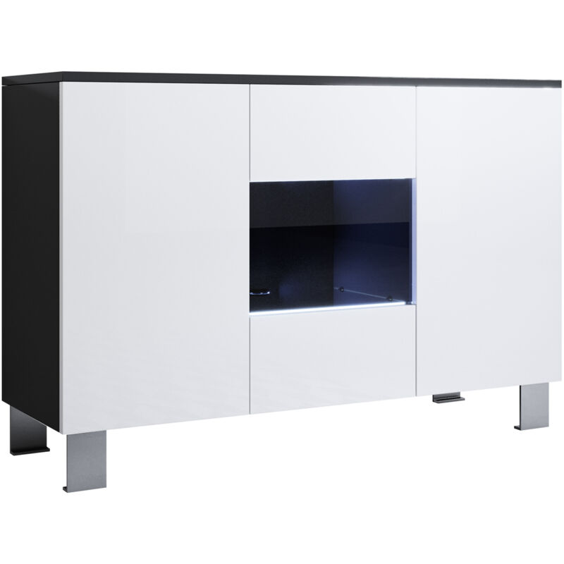 Buffet de salon bas 3 portes 2 étagères vitrine avec led 120x82x40cm Pieds en aluminium 12cm Modèle Luke A2 Couleur Noir et Blanc Finition Brillante