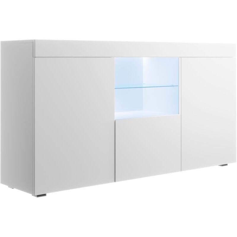 Buffet de salon bas 3 portes avec led 150x80x40cm Meuble de rangement Modèle natolia Couleur Blanc mate