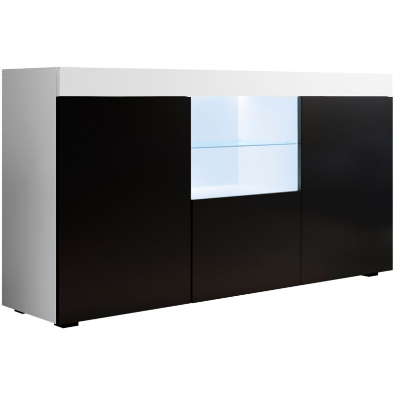 Buffet de salon bas 3 portes avec LED 150x80x40cm Meuble de rangement Modèle NATOLIA Couleur Blanc et Noir mate