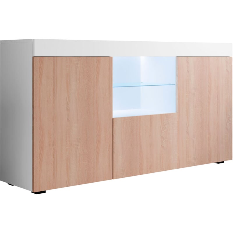 Buffet de salon bas 3 portes avec led 150x80x40cm Meuble de rangement Modèle natolia Couleur sonoma et Blanc mate