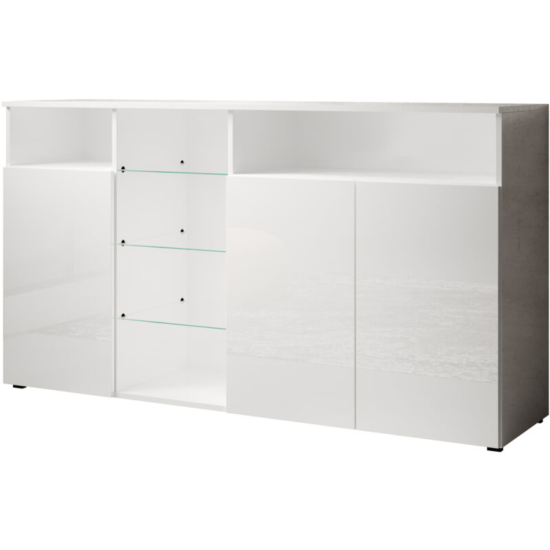 Buffet de salon bas 3 portes avec led 150x82x40cm Meuble de rangement Modèle Clark l Couleur Blanc Finition Brillante