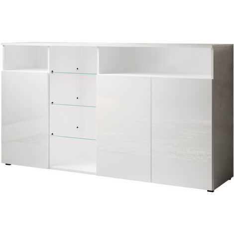 LETTIEMOBILI Buffet de salon bas 3 portes avec LED 150x82x40cm Meuble de rangement Modèle Clark L Couleur Blanc Finition Brillante