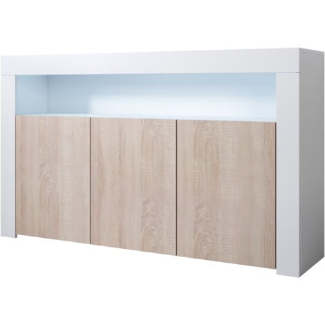 Buffet de salon bas 3 portes avec LED bleue  155x91,5x37cm  Meuble de rangement  Modèle AKER  Couleur Blanc  Finition Brillante et Sonoma Mate