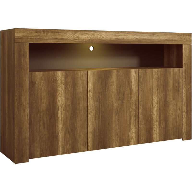 Buffet de salon bas 3 portes avec Luz daylight 155x91,5x37cm Meuble de rangement Modèle aker Couleur Chène barok Finition mate