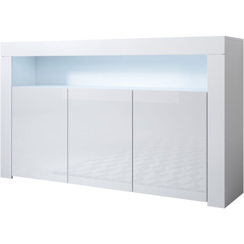 Buffet de salon bas 3 portes avec led bleue 155x91,5x37cm Meuble de rangement Modèle aker Couleur Blanc Finition brillante