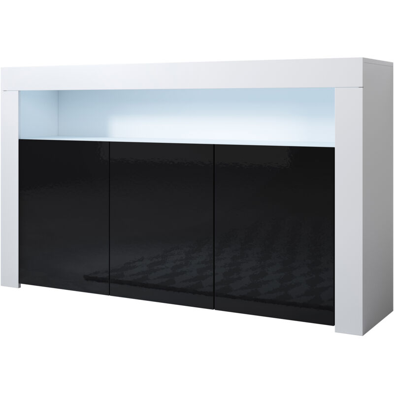 Buffet de salon bas 3 portes avec led bleue 155x91,5x37cm Meuble de rangement Modèle aker Couleur Blanc et Noir Finition brillante