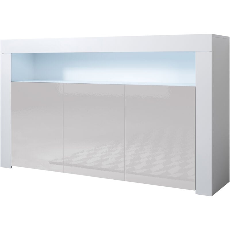 Buffet de salon bas 3 portes avec led bleue 155x91,5x37cm Meuble de rangement Modèle aker Couleur Blanc et Gris Finition brillante