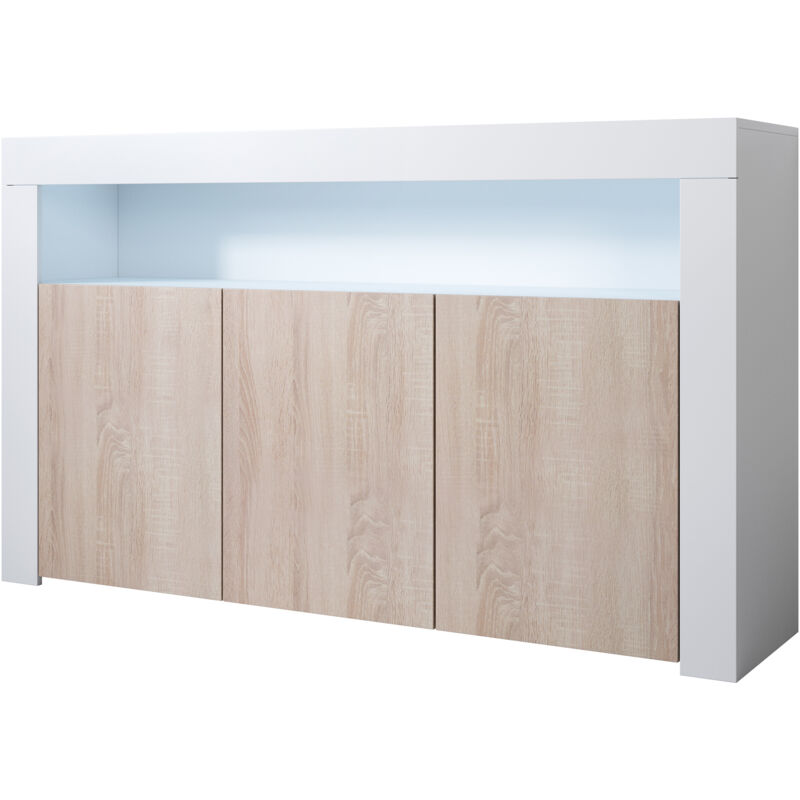 Buffet de salon bas 3 portes avec led bleue 155x91,5x37cm Meuble de rangement Modèle aker Couleur Blanc Finition Brillante et Sonoma Mate