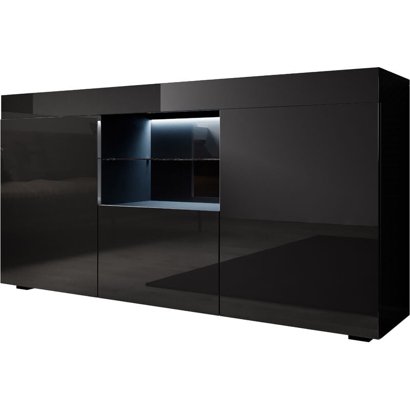Buffet de salon bas avec led bleue 135x73x34cm Meuble de rangement Modèle sefora Couleur Noir Finition Brillante