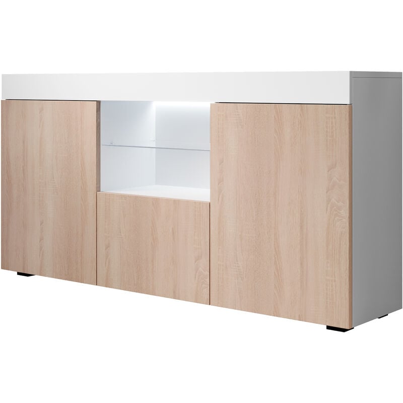 Buffet de salon bas avec led bleue 135x72x34cm Meuble de rangement Modèle sefora Couleur Blanc avec Sonoma Finition Mat