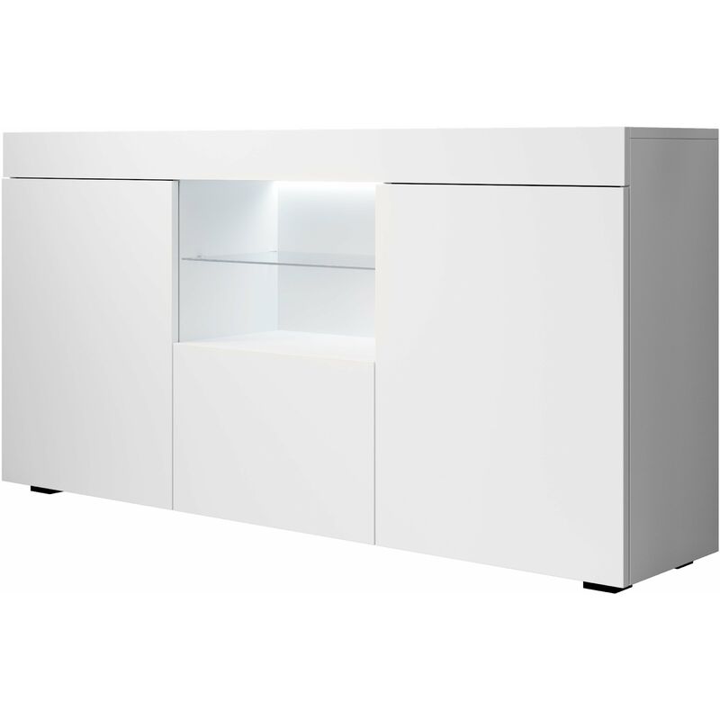 Buffet de salon bas avec LED bleue 135x72x34cm Meuble de rangement Modèle SEFORA Couleur Blanc Finition Mat