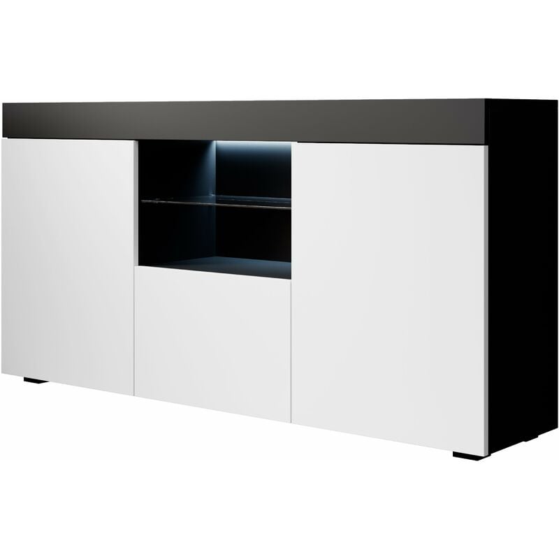 Buffet de salon bas avec led bleue 135x72x34cm Meuble de rangement Modèle sefora Couleur Noir avec Blanc Finition Mat