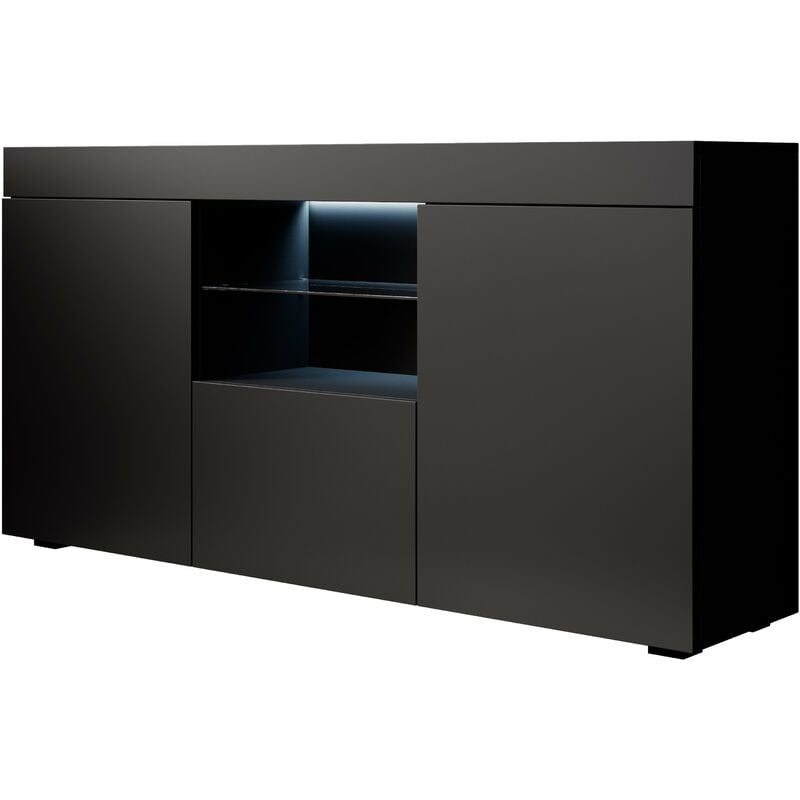 Buffet de salon bas avec led bleue 135x72x34cm Meuble de rangement Modèle sefora Couleur Noir Finition Mat