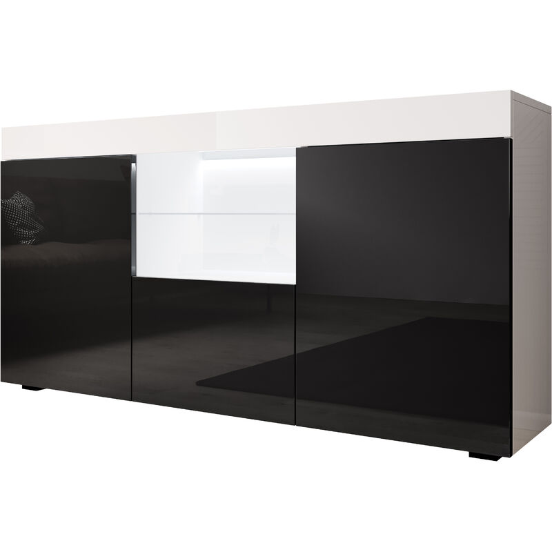 Buffet de salon bas avec led bleue 135x72x34cm Meuble de rangement Modèle sefora Couleur Blanc avec Noir Finition Brillante