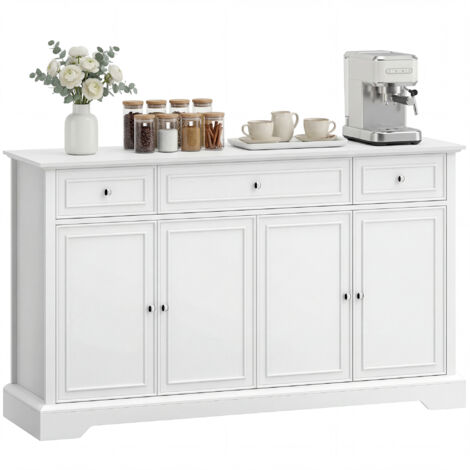 Buffet de salon blanc, meuble de rangement avec 3 tiroirs, 4 portes à fermeture douce, étagères réglables, grand espace de stockage pour séjour.