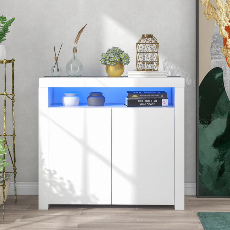 Buffet de salon blanc, meuble de rangement avec lumières led, buffet de cuisine moderne en bois