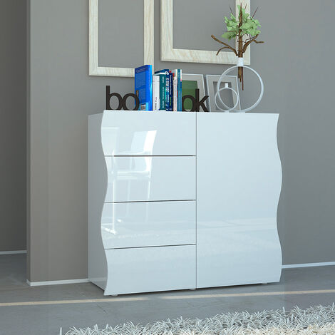 Buffet de salon et cuisine 90cm 1 Porte 4 Tiroirs Blanc Onda Living