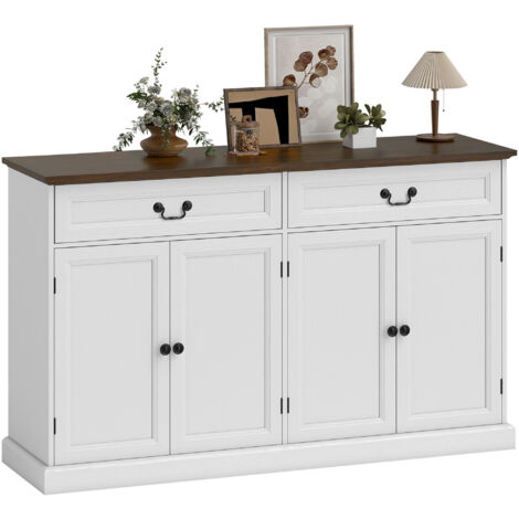 Buffet de salon, meuble de rangement avec 4 portes, 2 tiroirs silencieux, étagères réglables, 140 x 40 x 85 cm, blanc et marron