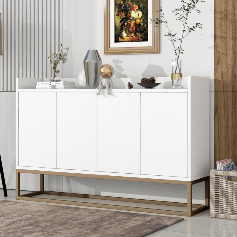 Buffet 120 cm, avec 4 portes, étagères réglables, cadre en métal doré, fonction Push-to-Open, commode style moderne - Blanc