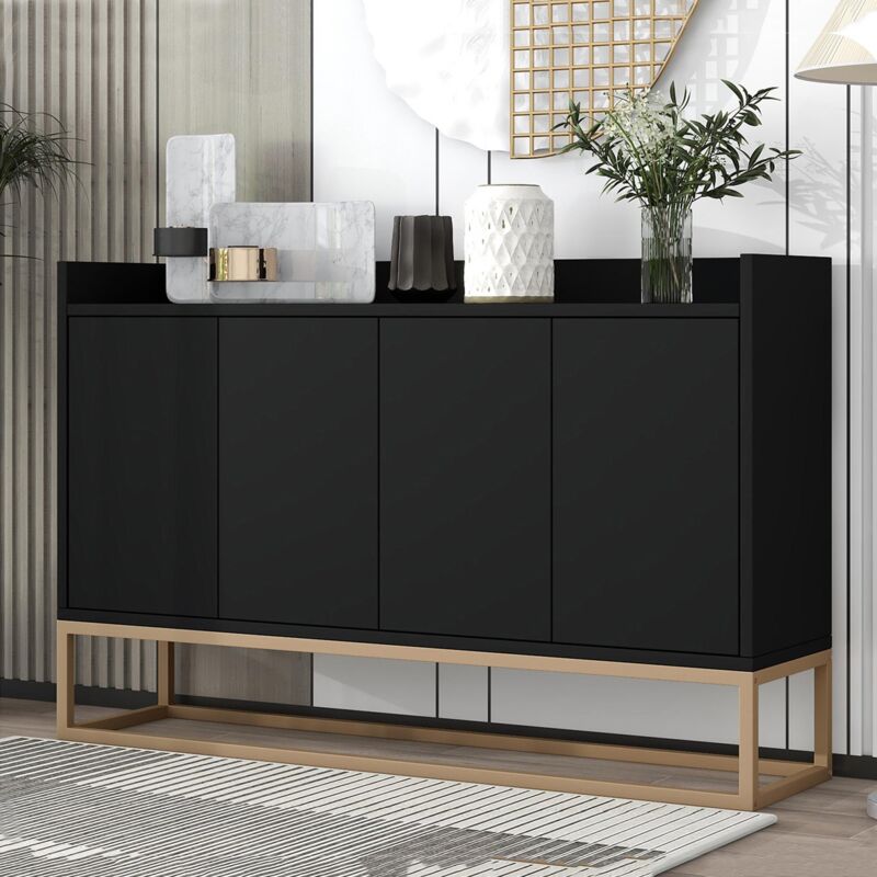 Buffet 120 cm, avec 4 portes, étagères réglables, cadre en métal doré, fonction Push-to-Open, commode style moderne - Noir