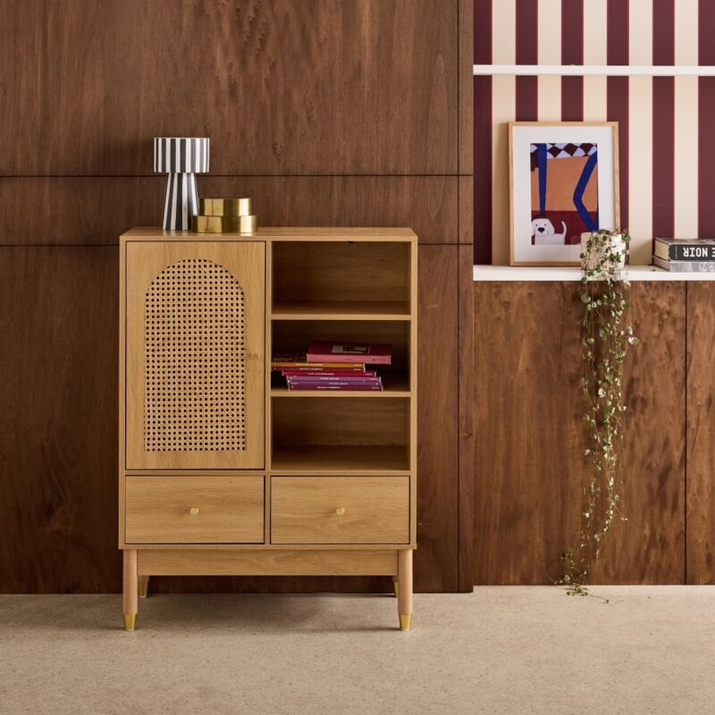Buffet décor bois et cannage 1 porte 2 tiroirs teinte naturelle - 75 x 35 x 100 cm - Judith