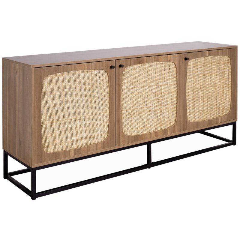 Sweeek - Buffet en décor bois et cannage arrondi. piètement et poignées en métal noir - 3 portes 160cm. buffet bas