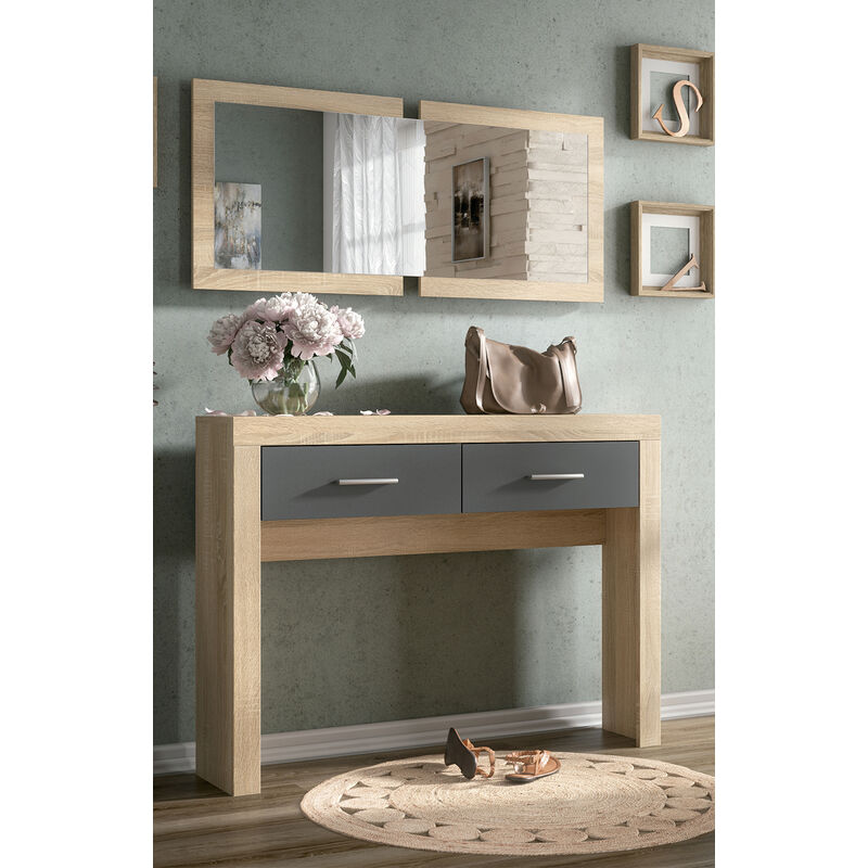 Buffet d'entrée + miroir coloris chêne cambrian, graphite - Longueur 115 x profondeur 26 x hauteur 85 cm -PEGANE-