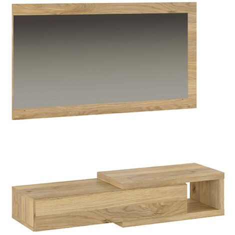 Buffet d'entrée, meuble d'entrée coloris chêne Mauvella  + miroir - longueur 91,50 x profondeur 26 x hauteur 65,2 cm